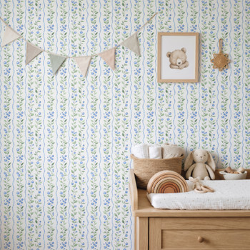Blue and green botanical wallpaper in a baby nursery with dresser, bunting, and soft cottage decor 26 repeat