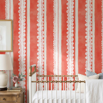 Pink stripe nursery wallpaper with watercolor texture and white lace pattern