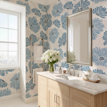 Linnea blue watercolor floral wallpaper in 52 inch repeat styled in a bright bathroom with wood vanity, silver mirror, white flowers, and marble countertop