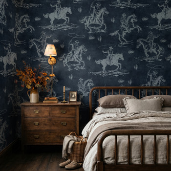 Navy Cowboy Toile Wallpaper | Western Horse Lodge Wallpaper