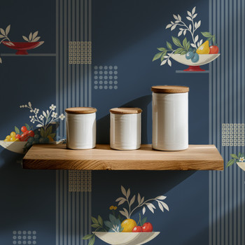 Fruit Compote Navy Blue retro fruit wallpaper in 52 inch repeat shown with white kitchen jars on a wood shelf and mid century fruit bowl pattern