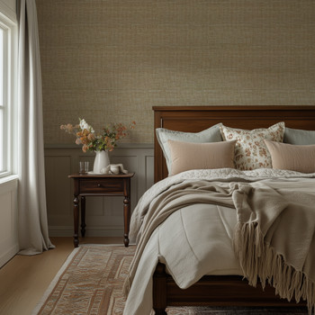 0446 Brown Faux Linen Wallpaper styled in a cozy bedroom with wood bed, neutral bedding, nightstand, flowers, and warm beige linen texture walls