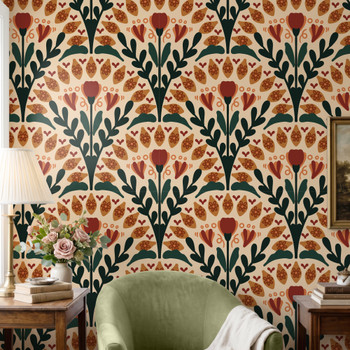 Alderley Tulip Wallpaper in a living room with green chair, terracotta flowers, deep green leaves, and Arts and Crafts botanical style