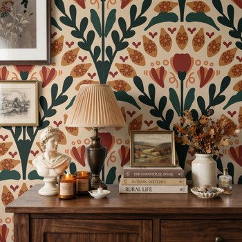 Large scale Alderley Tulip Wallpaper above a vintage wood table with lamp, books, flowers, and heritage botanical decor