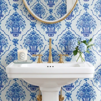 Close Up of Adelaide Delft Blue Floral Wallpaper in Powder Room, 13 Inch Repeat