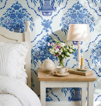 Adelaide Delft Blue Floral Urn Wallpaper in French Country Bathroom, 26 Inch Repeat
