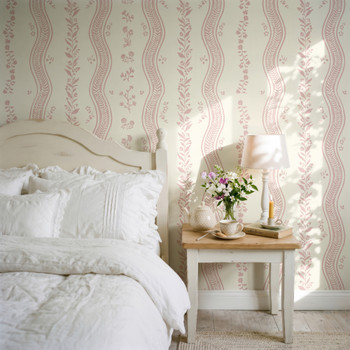 Elsie Pink and Ivory Floral Stripe Wallpaper in Romantic Cottage Bedroom, 26 Inch Repeat