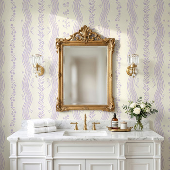 Elsie Lavender Grandmillennial Wallpaper in Bathroom With Ornate Gold Mirror and White Vanity