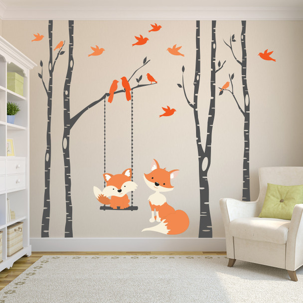 www.ameridecals.com
Fox mom & Baby 4 birch trees Wall Decal Forest woodland Decor