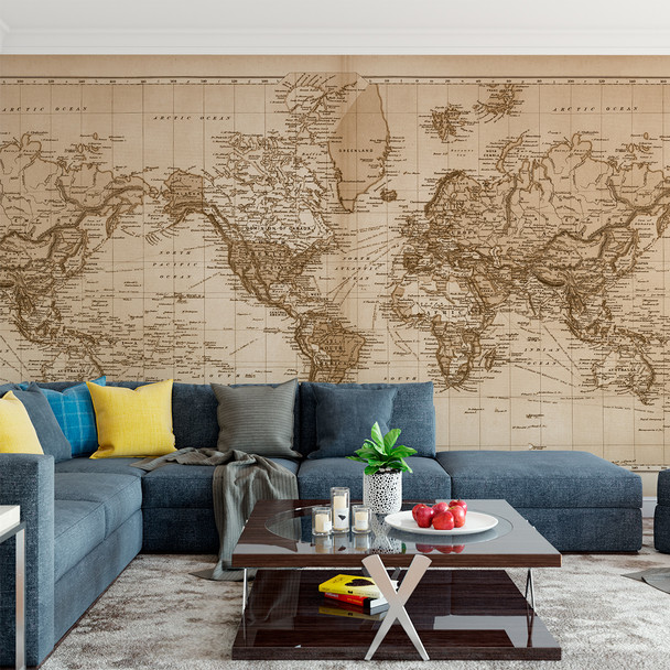 Vintage 1891 Atlas World Map "The World" Mural printed in your choice of Wall Vinyl Decal or Fabric Wall Decal. Sepia tinted Colors
www.ameridecals.com