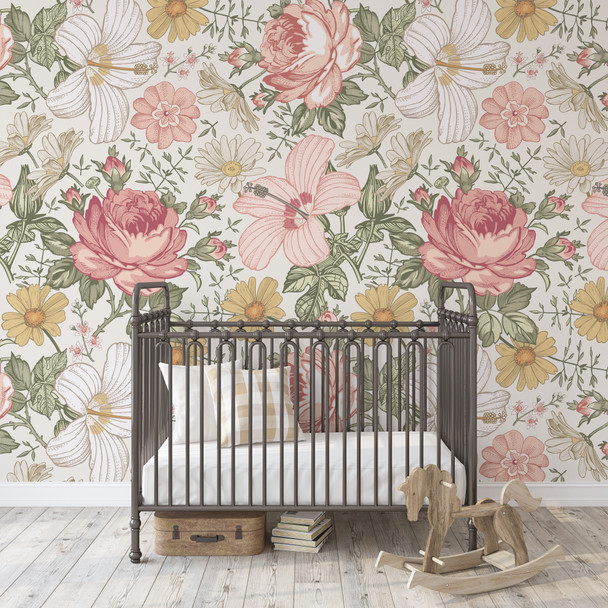 OLENA Floral Wallpaper Vintage Pink Flowers