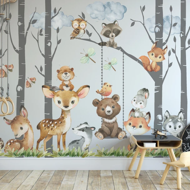 Watercolor woodland animal and grey birch tree wall decals with deer, bear, fox, wolf, badger, owl, raccoon and hanging swing