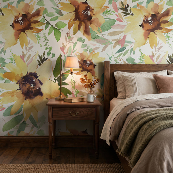 Sunnyday Watercolor Sunflower Wallpaper in Bedroom With Dark Wood Nightstand