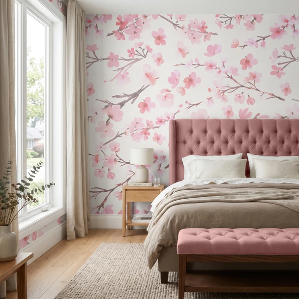 Lauren Pink Cherry Blossom Wallpaper in Romantic Bedroom, Japanese Inspired Floral Chinoiserie