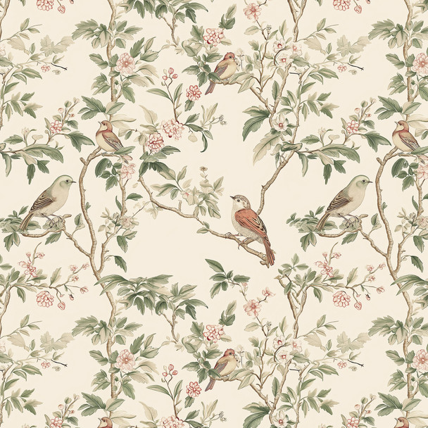 Seamless pattern view of KELSEY chinoiserie birds wallpaper with birds, branches, and blush floral accents