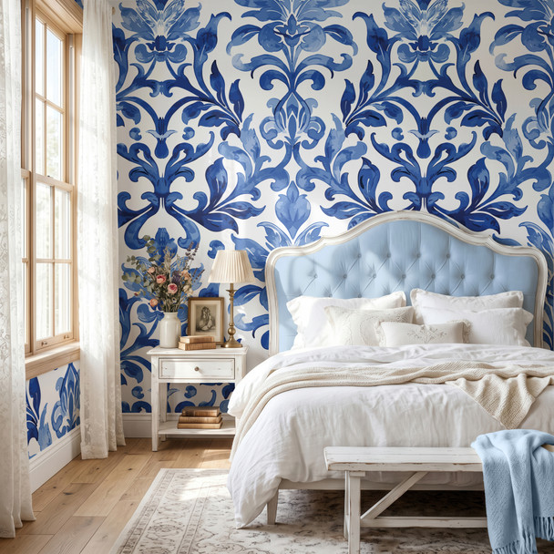 Royal Blue Damask Wallpaper in a bright bedroom with large scale 52 inch vintage damask pattern