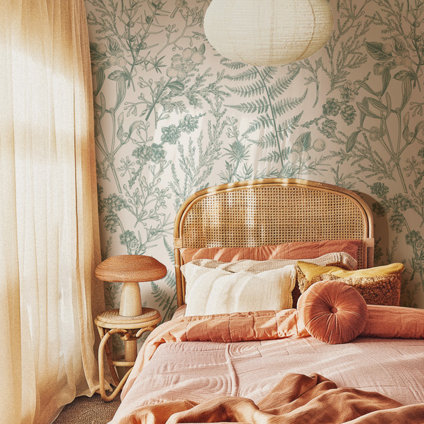 Warm bedroom featuring Rosemary Botanical Wallpaper with sage green botanical leaves and natural woven furniture.