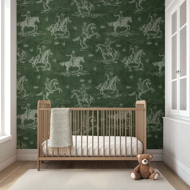 BOYS NRUSERY: Dark green cowboy wallpaper with vintage western horses and riders for nursery, bedroom or rustic farmhouse decor