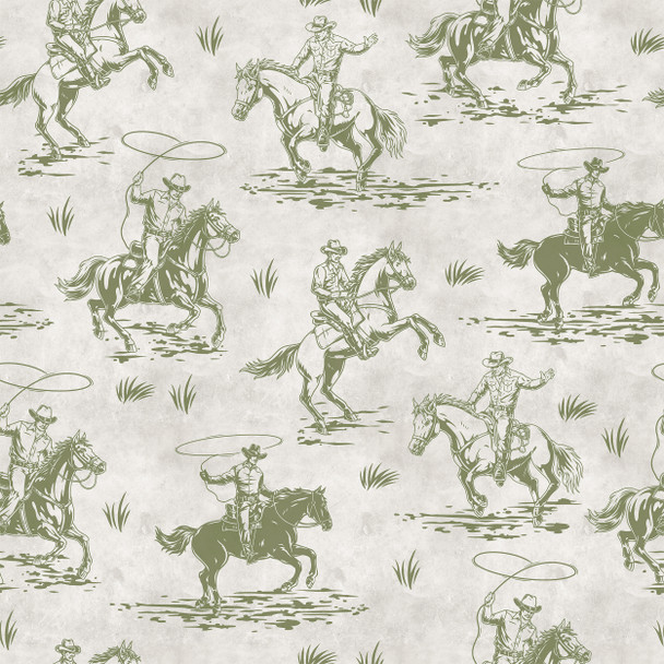 Weathered Green Cowboys Wallpaper for Kids - Rodeo Vintage Illustration