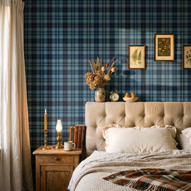 Blue Tartan Plaid removable wallpaper styled in a cozy bedroom with wood bed, navy bedding, plaid pillows, framed art, and classic boys room decor 13 repeat
