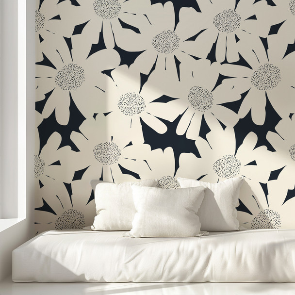 White Blooms black and cream abstract floral wallpaper behind a sunlit white daybed