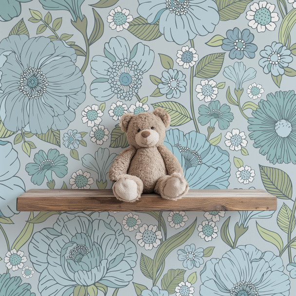 Teal Blue Modern Hand-Drawn Flowers Wallpaper 