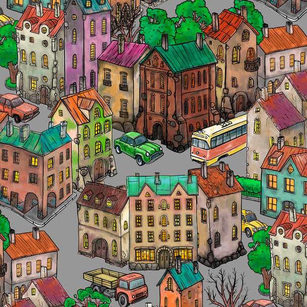 Cartoon City kids wallpaper mural with colorful illustrated houses and winding streets