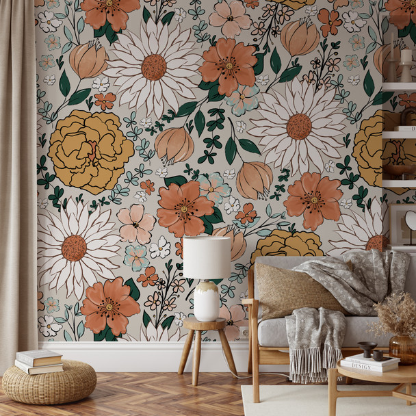 Boho Garden wallpaper in bedroom with soft boho floral styling
