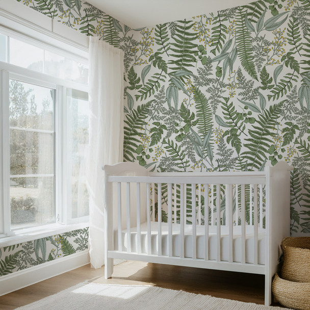 Galli botanical wallpaper in a neutral nursery featuring vintage fern and ginkgo leaf wallpaper