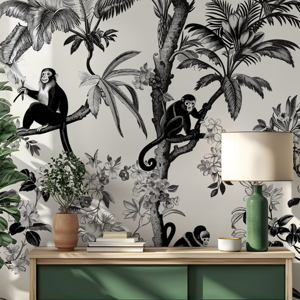Luxury bedroom with Margot Tropical Toile Wallpaper featuring vintage monkeys, palm trees and botanical illustrations