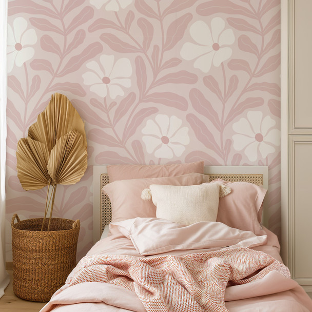 Bethany pink abstract floral wallpaper in a modern nursery featuring oversized blush botanical flowers