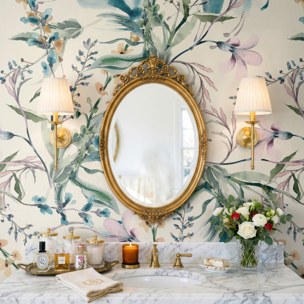 Eden Watercolor Floral Wallpaper in 52 inch repeat styled in a maximalist bathroom with gold oval mirror, brass sconces, marble vanity, flowers, and soft botanical wall decor