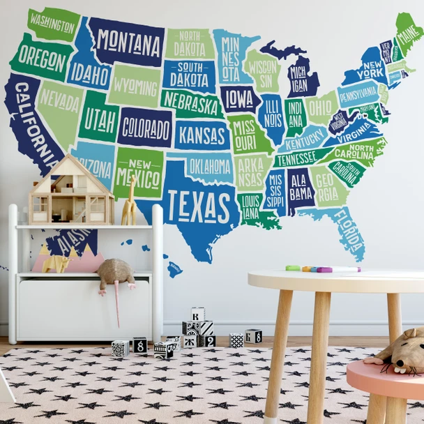 Blue Green and Turquoise United States Map Wall Decal for Modern Kids Room