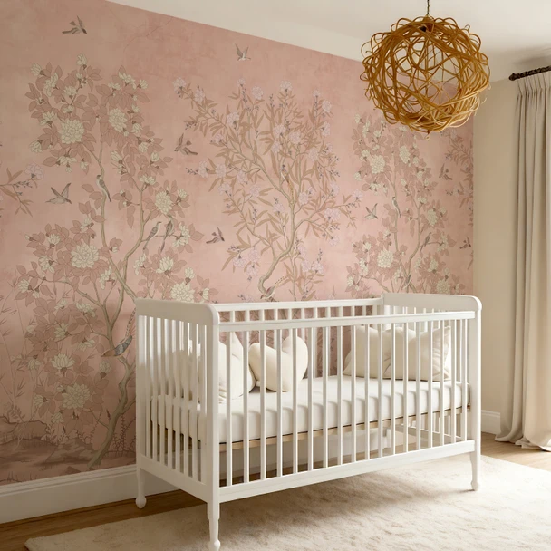 Lankspur Pink Chinoiserie wallpaper in a soft baby girl nursery with white crib, blush botanical floral wall design, and warm neutral decor.