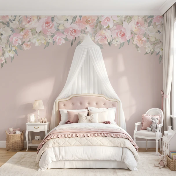 Delaney Jasmin floral canopy wall decal with pink watercolor flowers framing a blush canopy bed on a soft pink bedroom wall