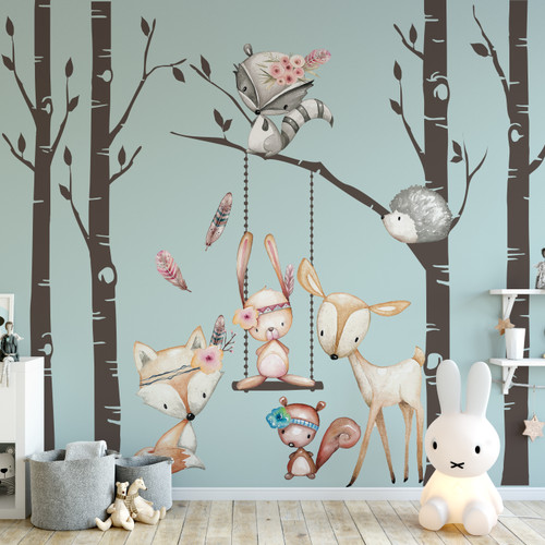Fox Grils Tribe Woodland Set 6 Trees Nursery Wall Vinyl