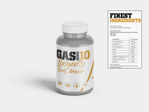 “Longevity Body Armour all-in-one health supplement bottle with key ingredients including NAC, Astragalus, Citrus Bergamot, Inositol, TUDCA, Co-Q10, Magnesium Bisglycinate, Hawthorn Berry Extract, and Berberine for heart, liver, and cognitive support.”