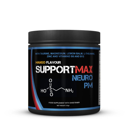SupportMAX Neuro PM bottle showing advanced nighttime neuro blend with ZMA, L-Theanine, Lemon Balm, Vitamin B6 and B12 for relaxation and restorative sleep