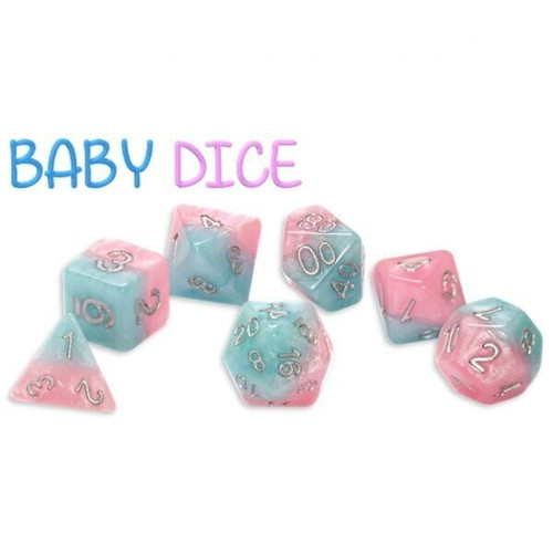 Halfsies Dice Set - Game Dice - POWDER PINK & DENIM BLUE W/ SILVER NUMBERS