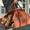 Firewood holder handcrafted from Saddle Brown Waxed Canvas Fabric — 10 oz non-toxic waterproof cotton canvas with reinforced handles for carrying logs and outdoor use