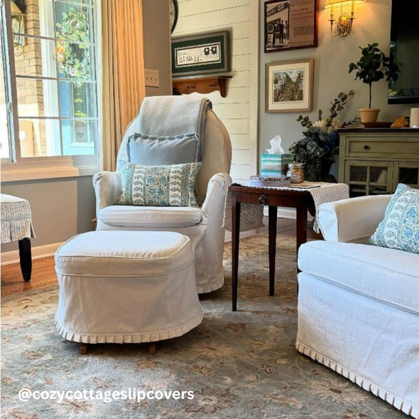 Pleated slipcovers crafted from 10oz white canvas fabric Pleated slipcovers crafted from 10oz white canvas fabric