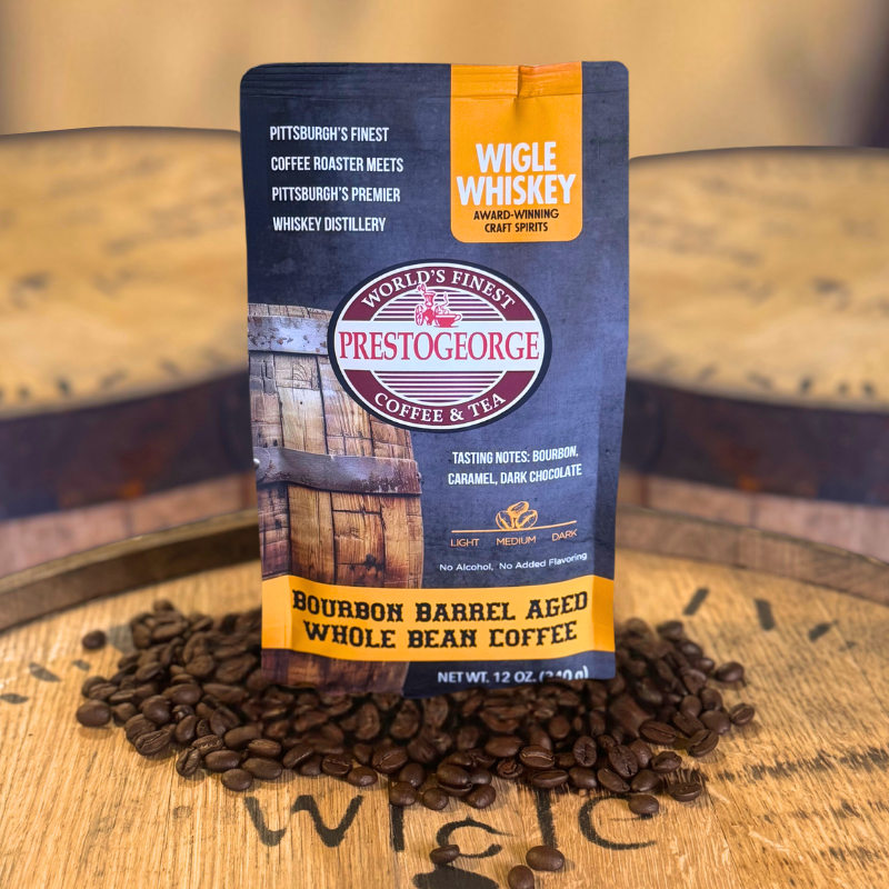 Wigle Whiskey Bourbon Barrel Aged Coffee from Prestogeorge Coffee in Pittsburgh PA.