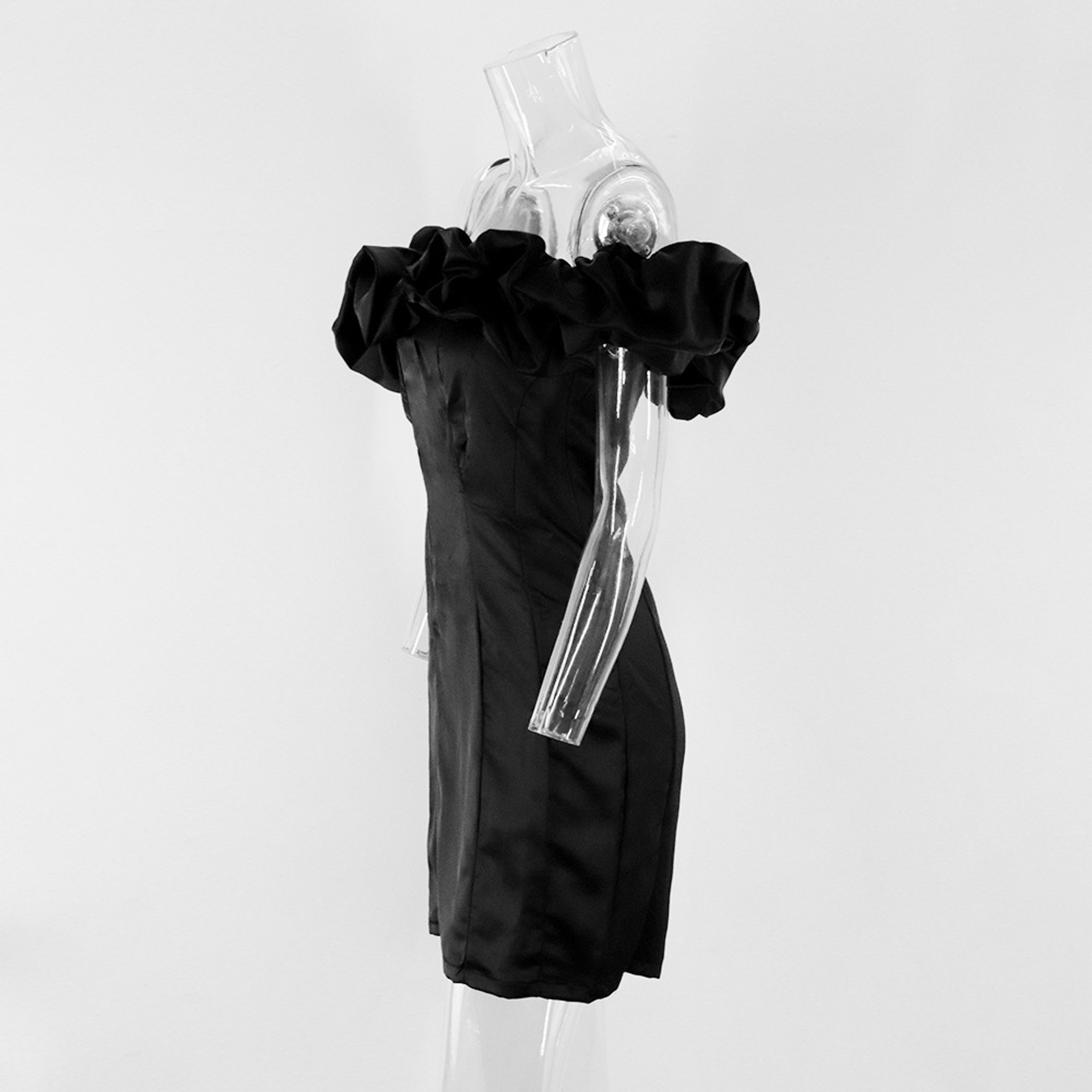 Black Ruffle Satin Dress