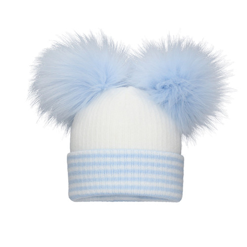 Pom Pom Envy Baby Hat Double Stripe - White/Blue