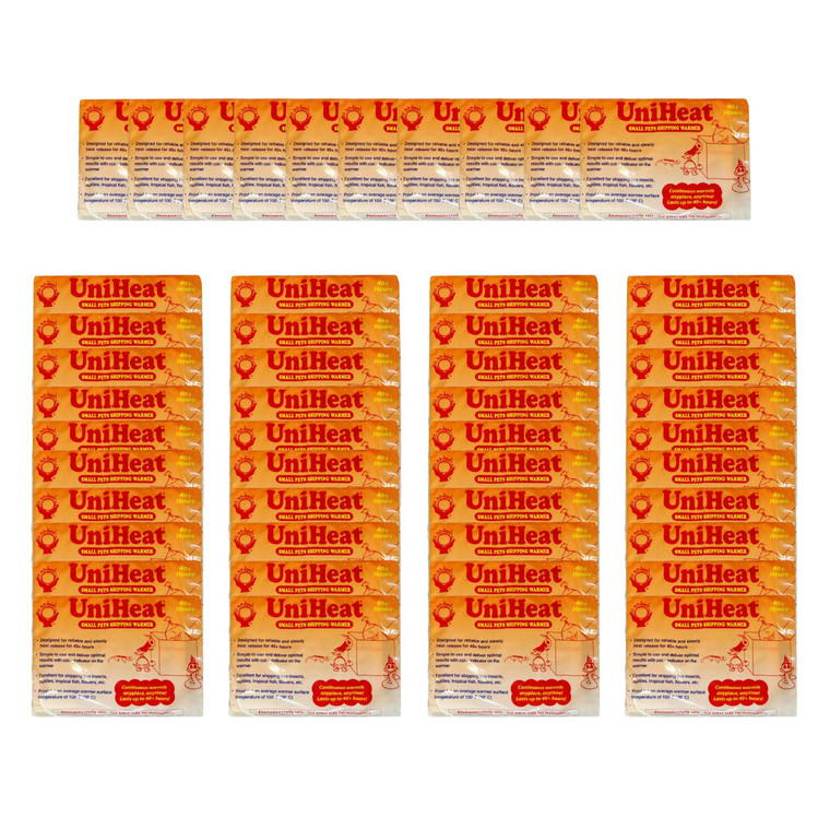 Front view of 50 individually sealed UniHeat 40 Hour small pets and shipping warmers for reptiles, fish, plants, and live insects. Front view of 50 individually sealed UniHeat 40 Hour small pets and shipping warmers for reptiles, fish, plants, and live insects.