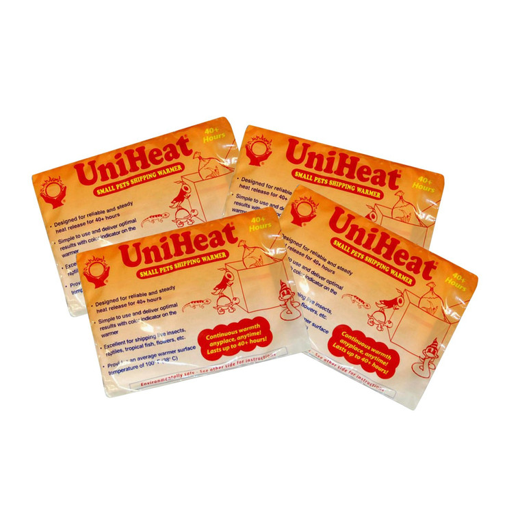 Four individually wrapped UniHeat 40-hour small pet and perishable shipping warmers displayed together. Four individually wrapped UniHeat 40-hour small pet and perishable shipping warmers displayed together.