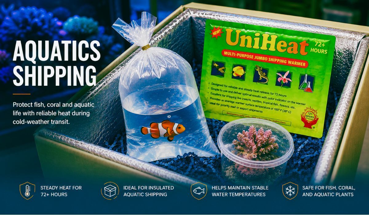 Aquatics shipping with UniHeat warmer for fish and coral shipments