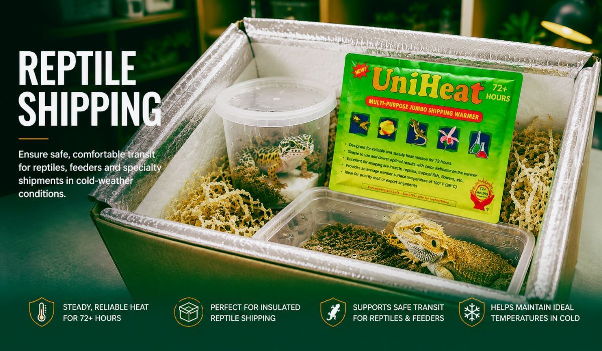 Reptile shipping with UniHeat warmer in insulated packaging