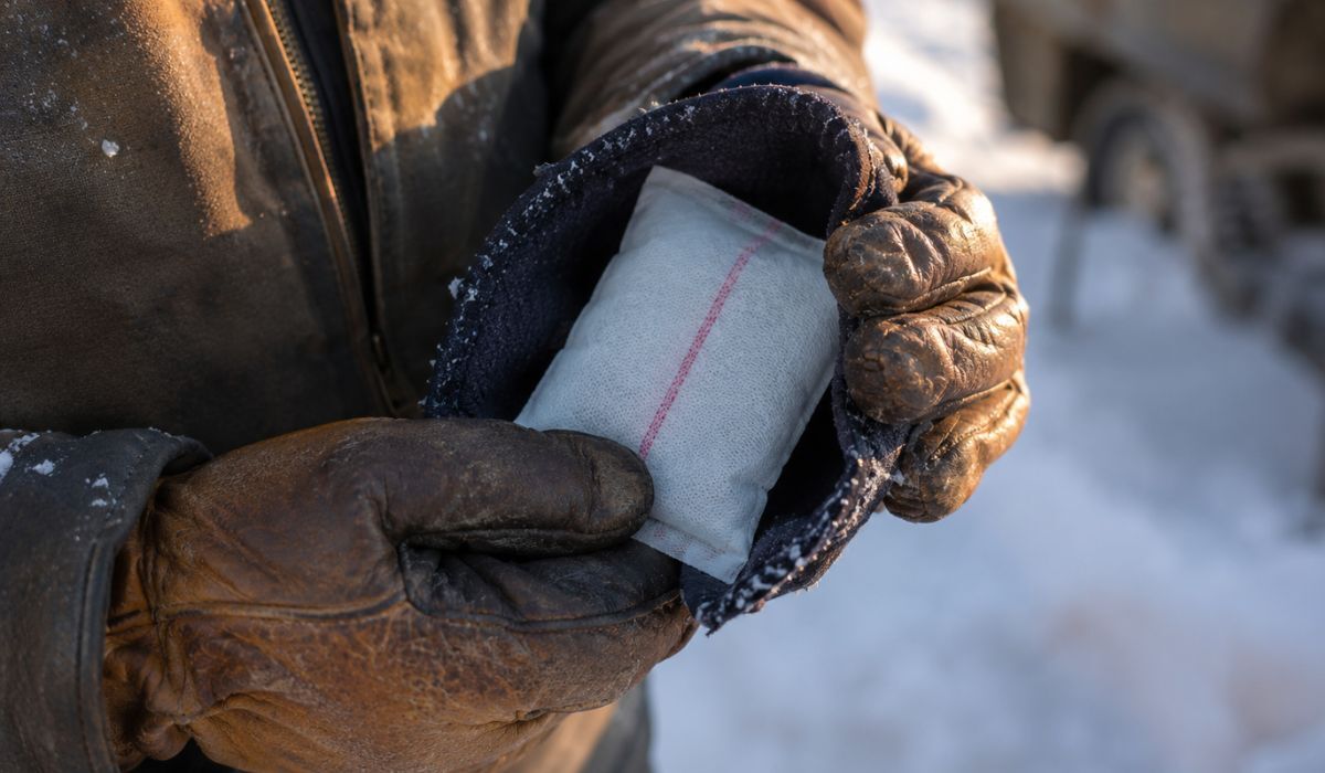 Worker using UniHeat packs inside gloves during cold-weather outdoor work