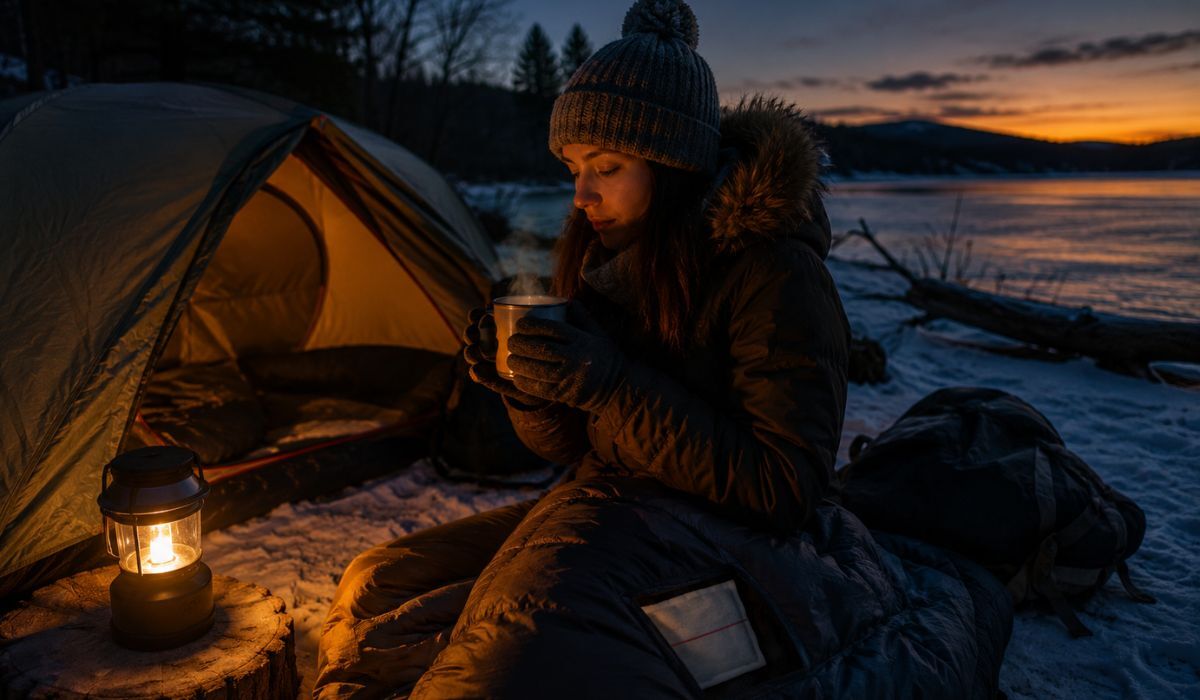Winter camping and outdoor activity scene using long-duration heat packs